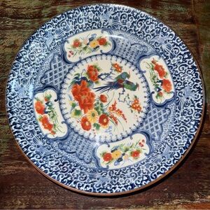 Vintage LRG Heavy Japanese Imari Porcelain 12” Hand Paint Floral Bird Arita Bowl
